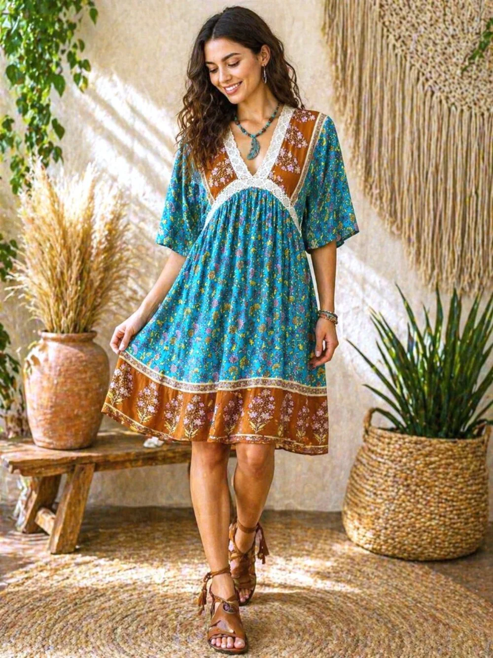 Boho Floral Lace Trim Dress, Teal Rust Print, Cottagecore, GiGiO Brand, Size S - Picture 2 of 11